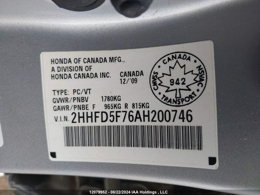 2010 Acura Csx VIN: 2HHFD5F76AH200746 Lot: 12079952