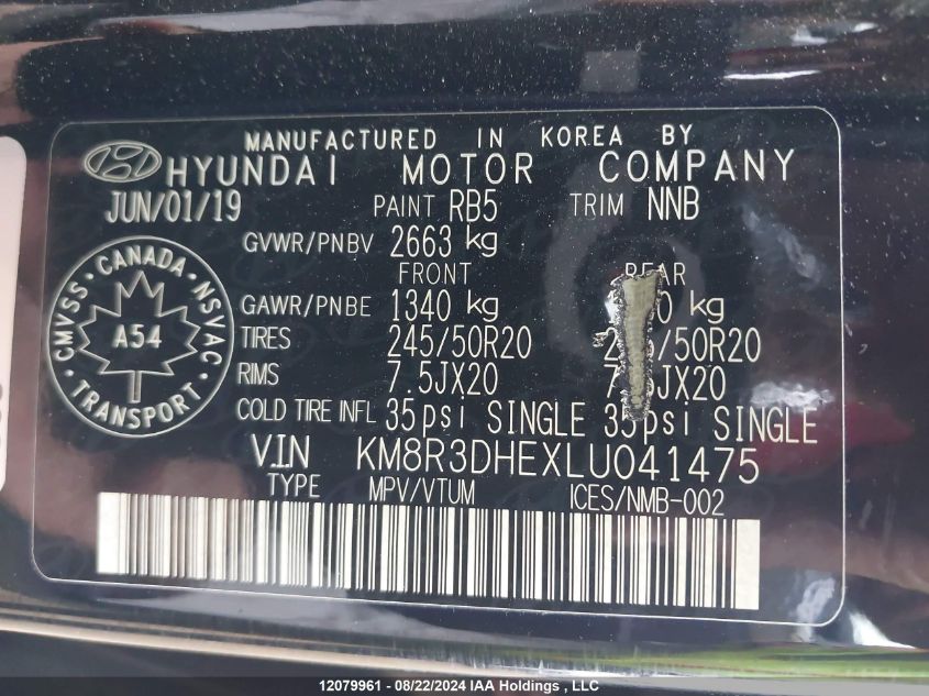 2020 Hyundai Palisade Sel VIN: KM8R3DHEXLU041475 Lot: 12079961