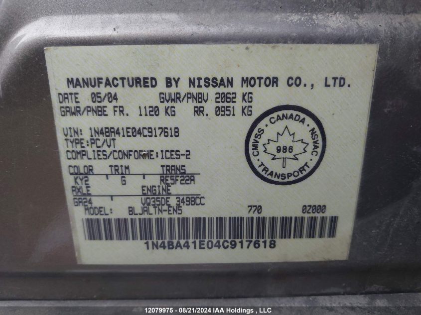 1N4BA41E04C917618 2004 Nissan Maxima 3.5 Se