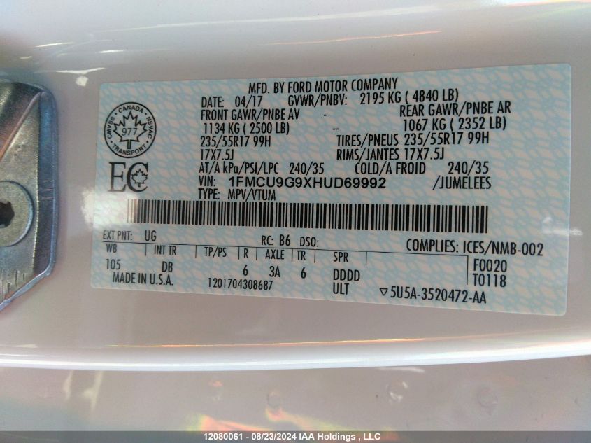 2017 Ford Escape Se VIN: 1FMCU9G9XHUD69992 Lot: 12080061