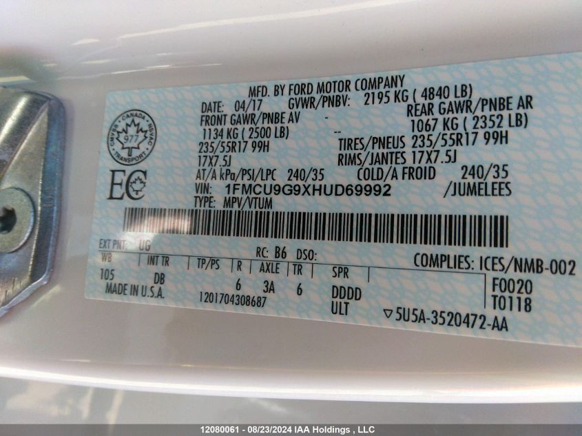 2017 Ford Escape Se VIN: 1FMCU9G9XHUD69992 Lot: 12080061