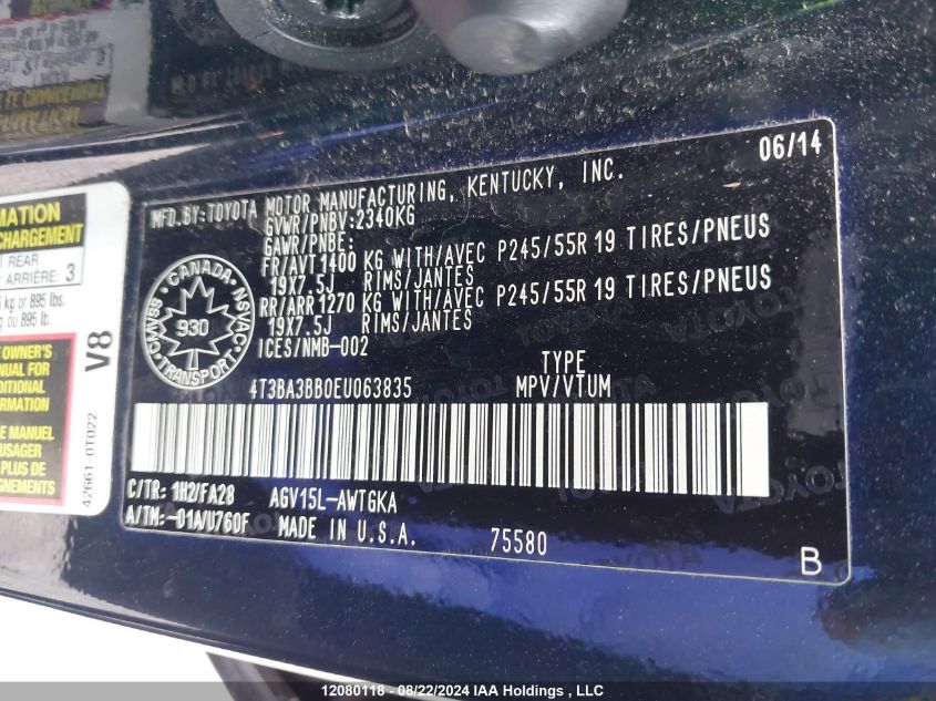 2014 Toyota Venza VIN: 4T3BA3BB0EU063835 Lot: 12080118