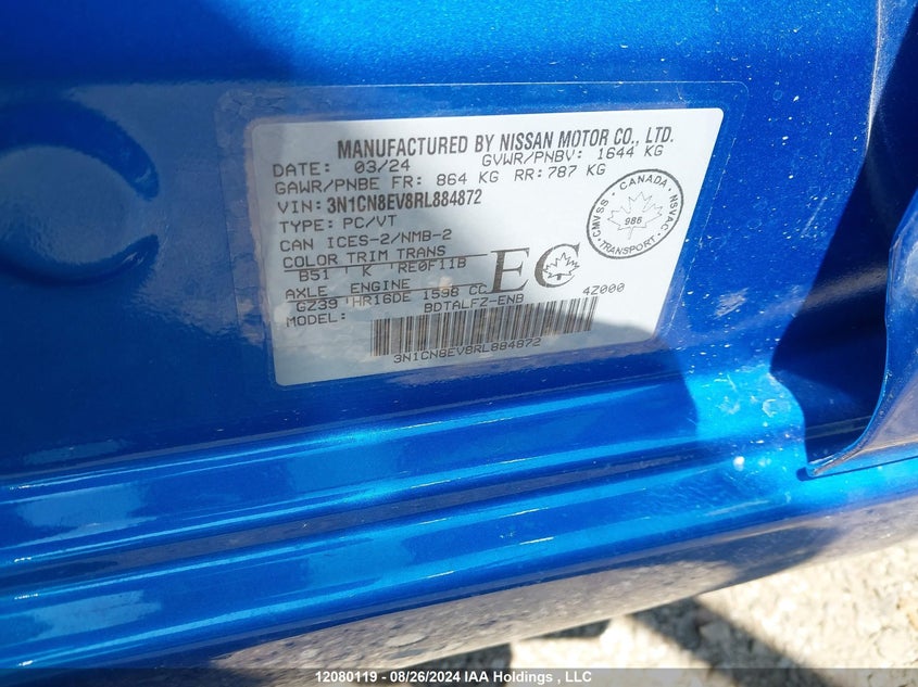 2024 Nissan Versa VIN: 3N1CN8EV8RL884872 Lot: 12080119