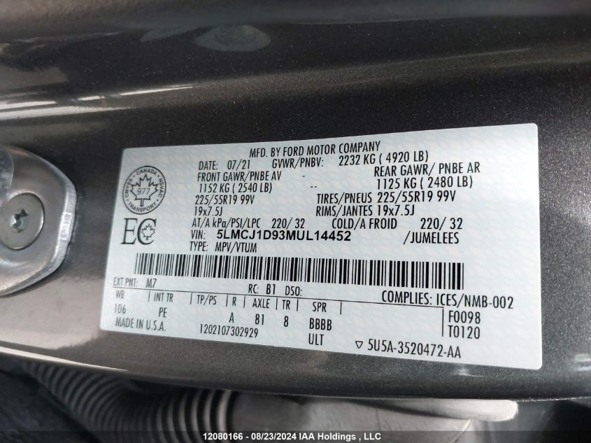 2021 Lincoln Corsair VIN: 5LMCJ1D93MUL14452 Lot: 12080166