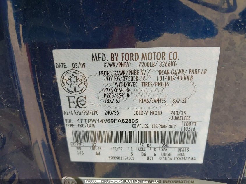 2009 Ford F-150 VIN: 1FTPW14V69FA82805 Lot: 12080308