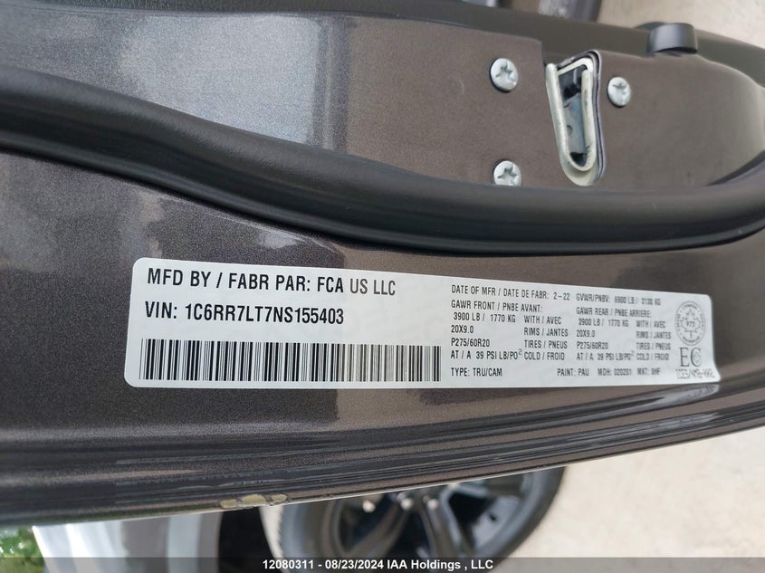 2022 Ram 1500 Classic Slt VIN: 1C6RR7LT7NS155403 Lot: 12080311