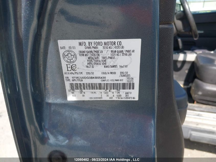 2011 Ford Escape VIN: 1FMCU0DG3BKB55430 Lot: 12080482