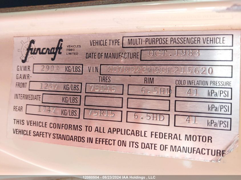 1984 Dodge Ram Van B250 VIN: 2B7HB23W9EK215620 Lot: 12080504