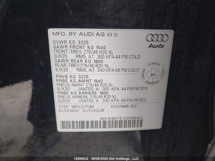 2012 Audi Q7 VIN: WA1VMCFE1CD008551 Lot: 12080532