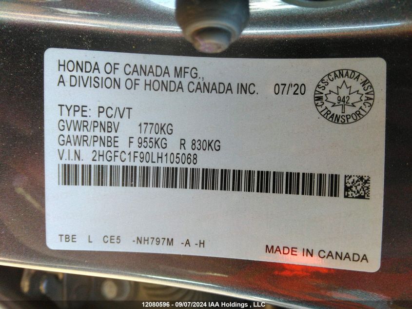 2020 Honda Civic Touring VIN: 2HGFC1F90LH105068 Lot: 12080596