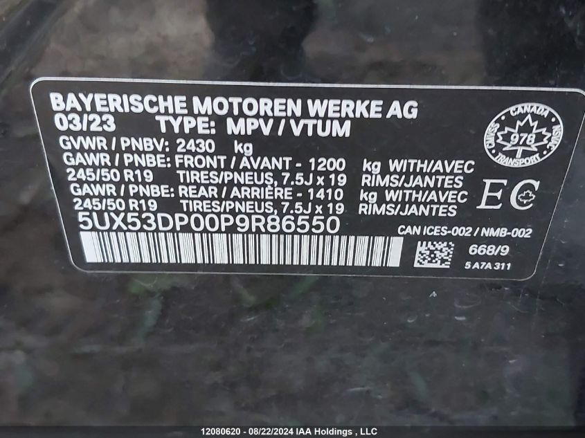 2023 BMW X3 VIN: 5UX53DP00P9R86550 Lot: 12080620