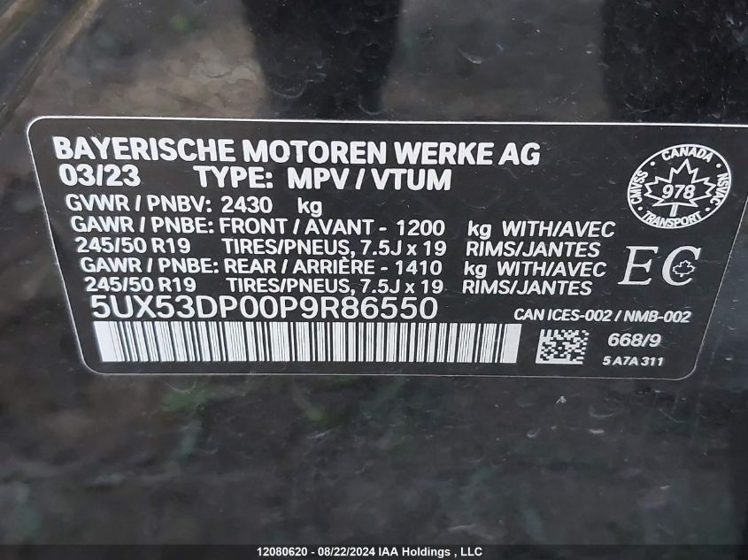 2023 BMW X3 VIN: 5UX53DP00P9R86550 Lot: 12080620