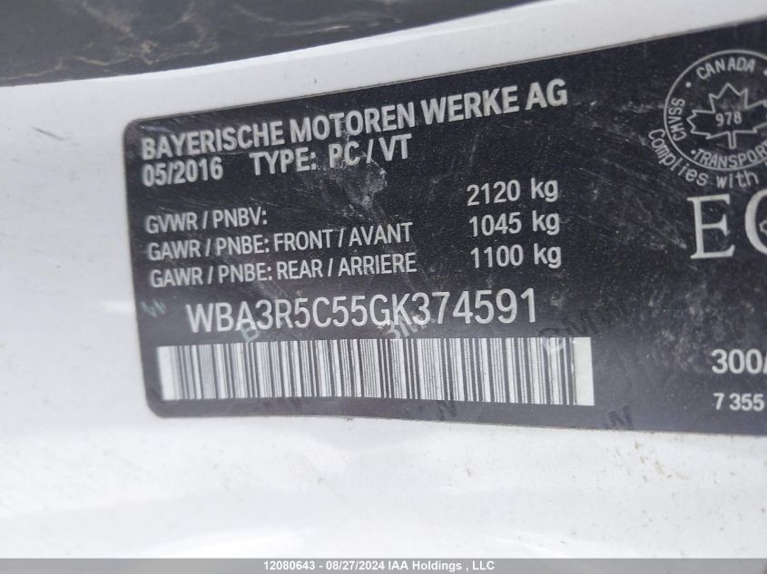 2016 BMW 4 Series VIN: WBA3R5C55GK374591 Lot: 12080643