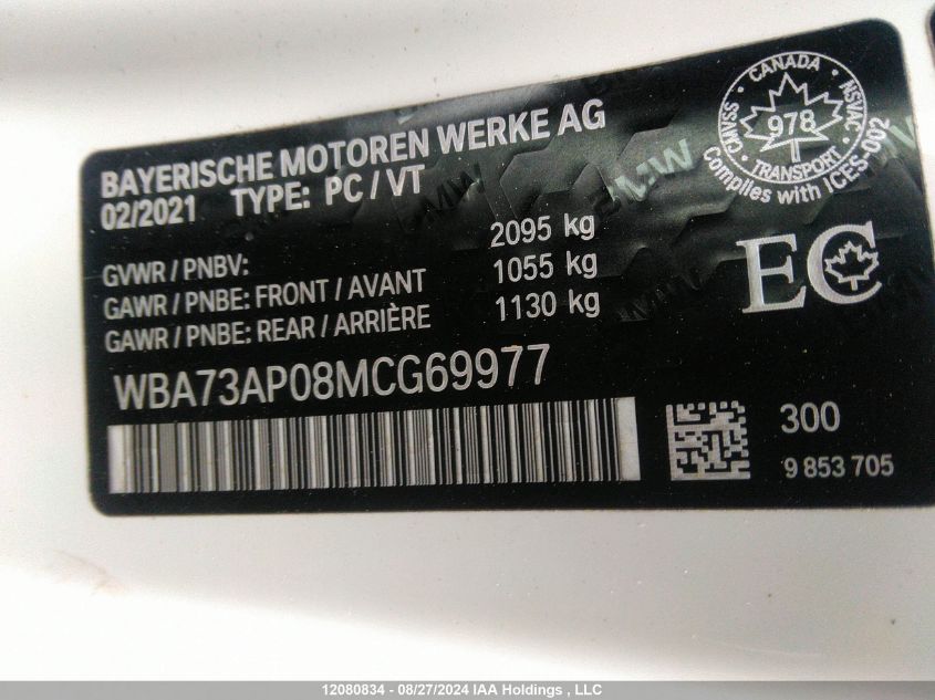 2021 BMW 430Xi VIN: WBA73AP08MCG69977 Lot: 12080834