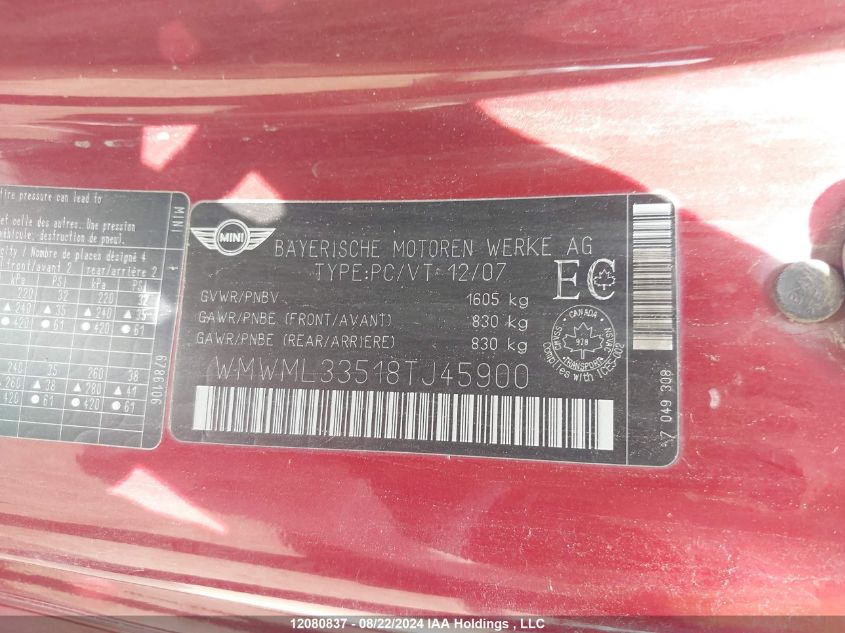 2008 Mini Cooper Clubman VIN: WMWML33518TJ45900 Lot: 12080837