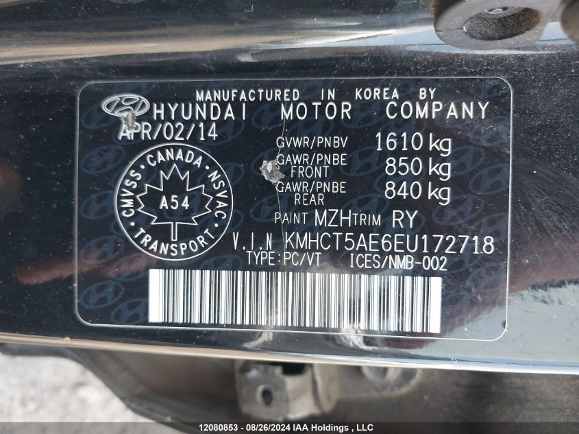 2014 Hyundai Accent Gl VIN: KMHCT5AE6EU172718 Lot: 12080853