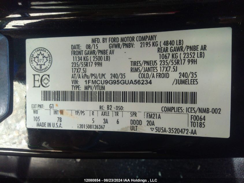 2016 Ford Escape Se VIN: 1FMCU9G95GUA56234 Lot: 12080854