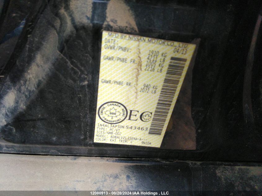 2013 Nissan Altima VIN: 1N4AL3AP3DN543463 Lot: 12080913