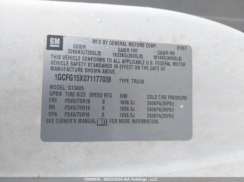 2007 Chevrolet Express G1500 VIN: 1GCFG15X071177038 Lot: 12080938