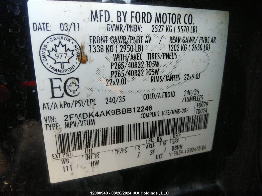 2011 Ford Edge Sport VIN: 2FMDK4AK9BBB12246 Lot: 12080940