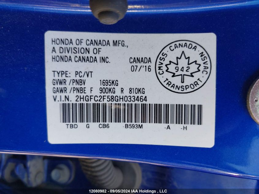 2HGFC2F58GH033464 2016 Honda Civic