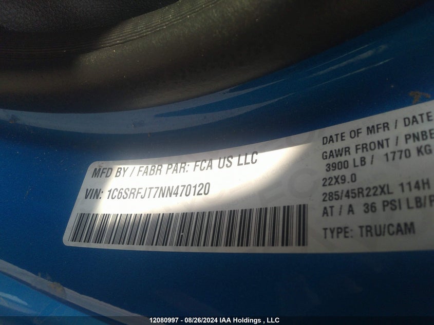 2022 Ram 1500 Laramie VIN: 1C6SRFJT7NN470120 Lot: 12080997