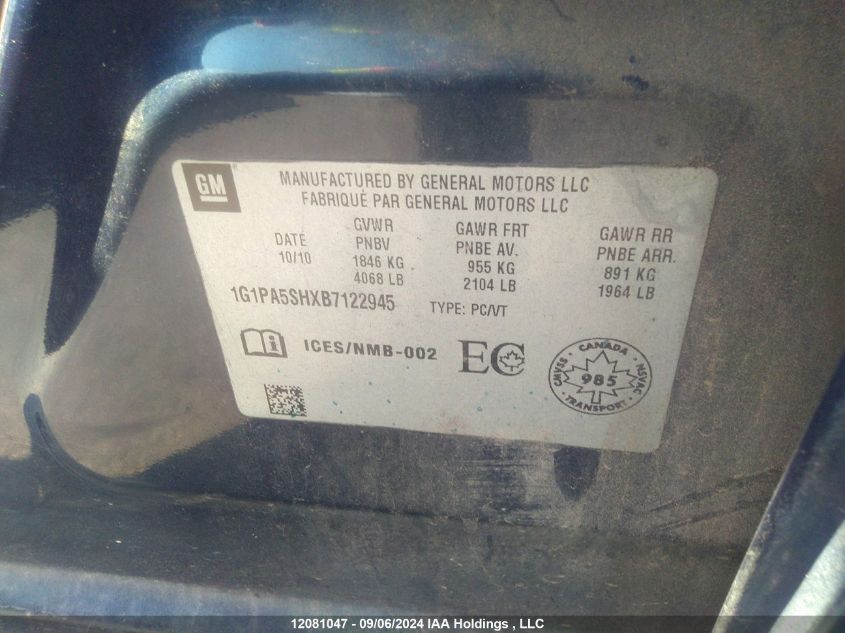 2011 Chevrolet Cruze VIN: 1G1PA5SHXB7122945 Lot: 12081047