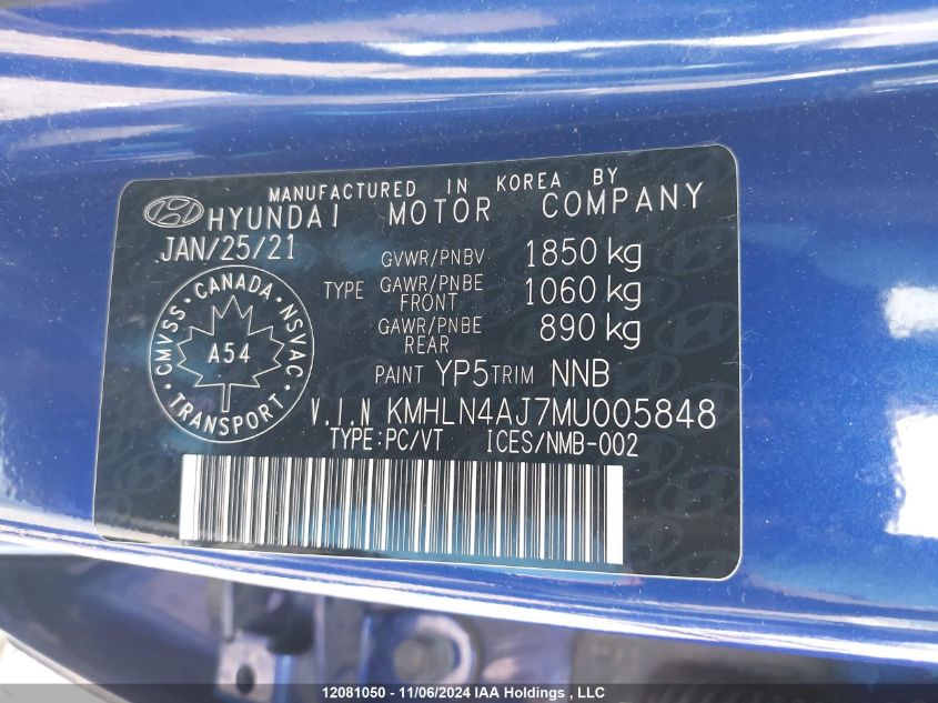 2021 Hyundai Elantra Hybrid VIN: KMHLN4AJ7MU005848 Lot: 12081050