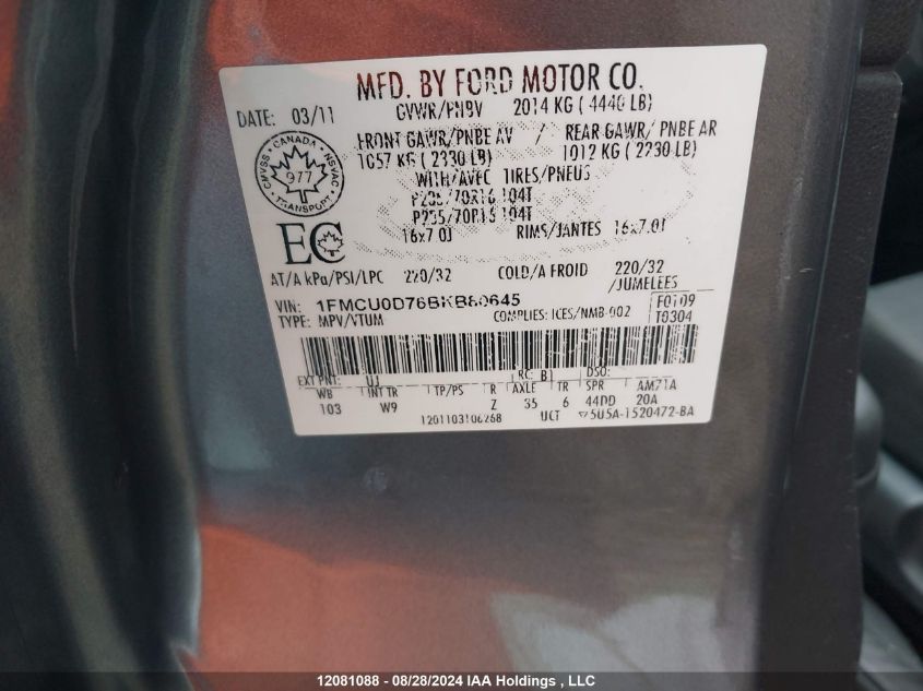 2011 Ford Escape Xlt Automatic VIN: 1FMCU0D76BKB80645 Lot: 12081088