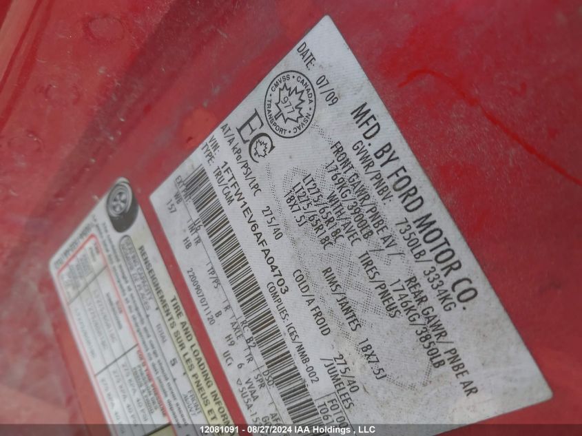 2010 Ford F-150 VIN: 1FTFW1EV6AFA04703 Lot: 12081091