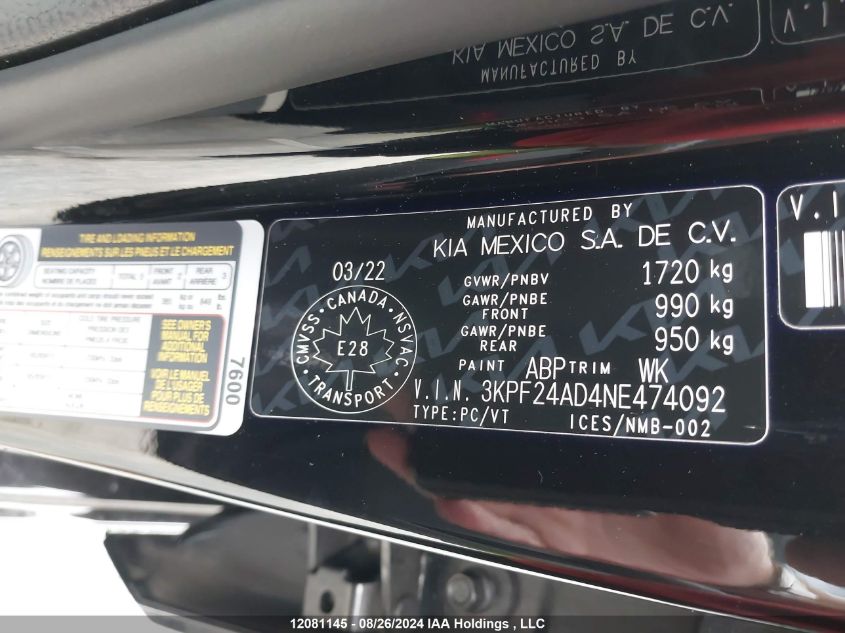 2022 Kia Forte VIN: 3KPF24AD4NE474092 Lot: 12081145