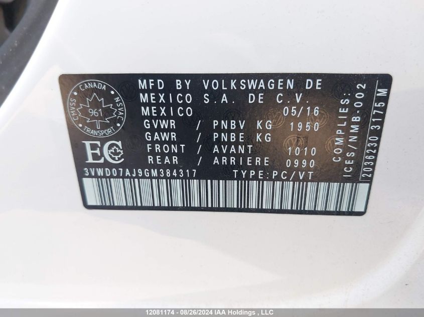 2016 Volkswagen Jetta 1.8T Sport VIN: 3VWD07AJ9GM384317 Lot: 12081174