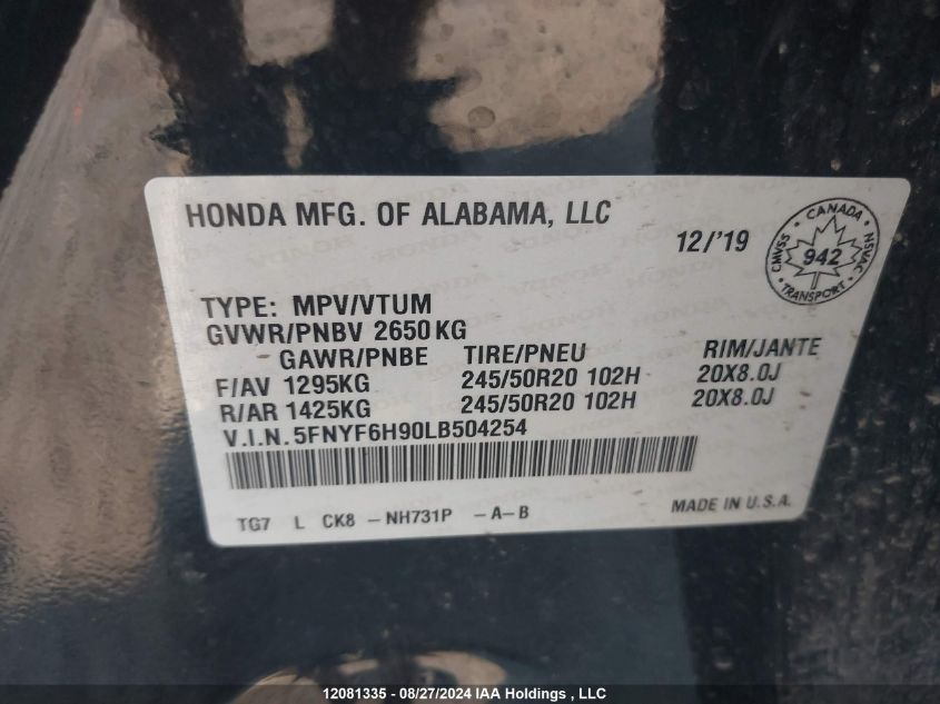 5FNYF6H90LB504254 2020 Honda Pilot