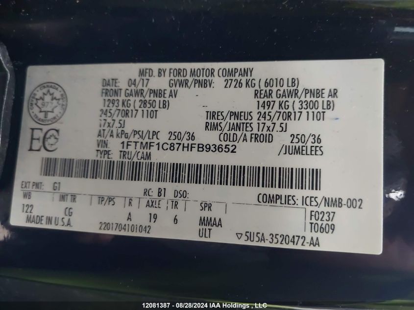 2017 Ford F-150 Xl VIN: 1FTMF1C87HFB93652 Lot: 12081387