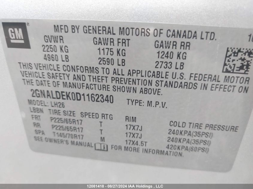 2013 Chevrolet Equinox Lt VIN: 2GNALDEK0D1162340 Lot: 12081418