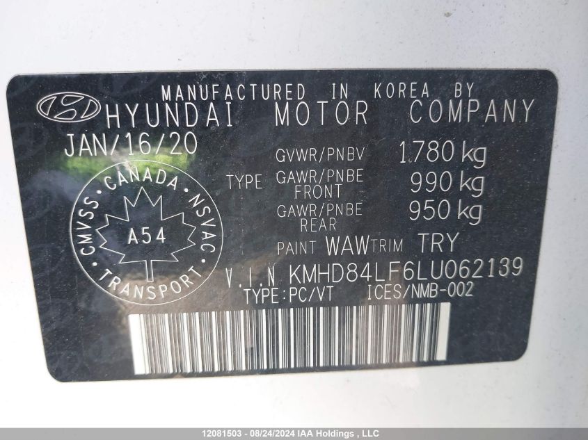 2020 Hyundai Elantra Preferred With Sun And Safety Package Auto Ivt VIN: KMHD84LF6LU062139 Lot: 12081503