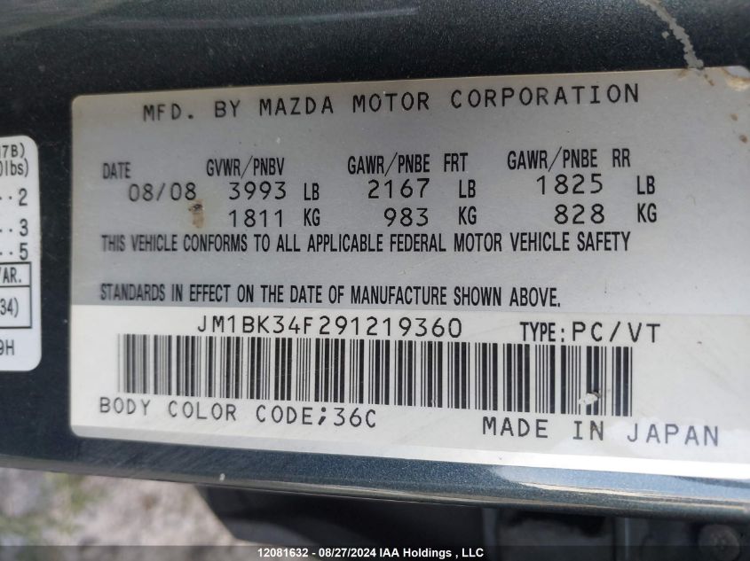 2009 Mazda Mazda3 VIN: JM1BK34F291219360 Lot: 12081632