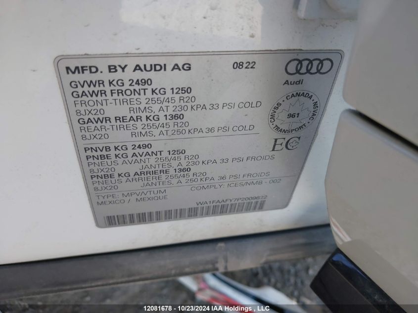 2023 Audi Q5 VIN: WA1FAAFY7P2009622 Lot: 12081678