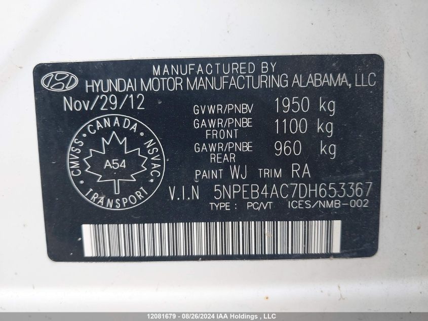 2013 Hyundai Sonata VIN: 5NPEB4AC7DH653367 Lot: 12081679