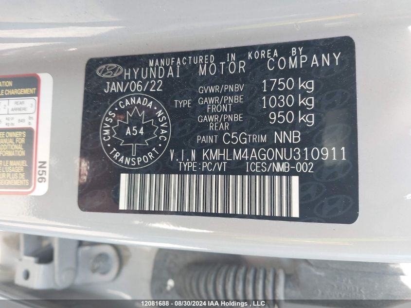 2022 Hyundai Elantra Sel VIN: KMHLM4AG0NU310911 Lot: 12081688