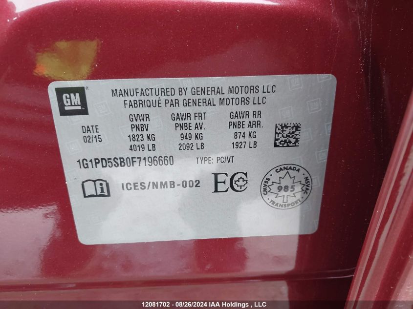 2015 Chevrolet Cruze VIN: 1G1PD5SB0F7196660 Lot: 12081702