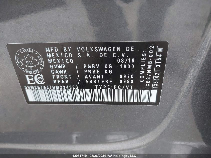 2017 Volkswagen Jetta Sedan VIN: 3VW2B7AJ7HM234323 Lot: 12081719