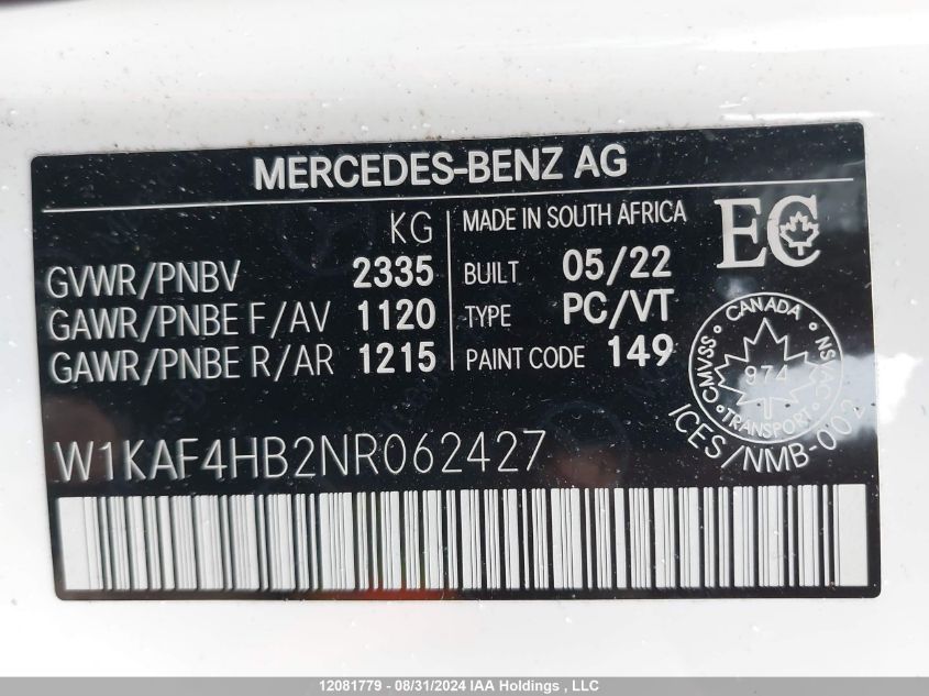 2022 Mercedes-Benz C-Class VIN: W1KAF4HB2NR062427 Lot: 12081779