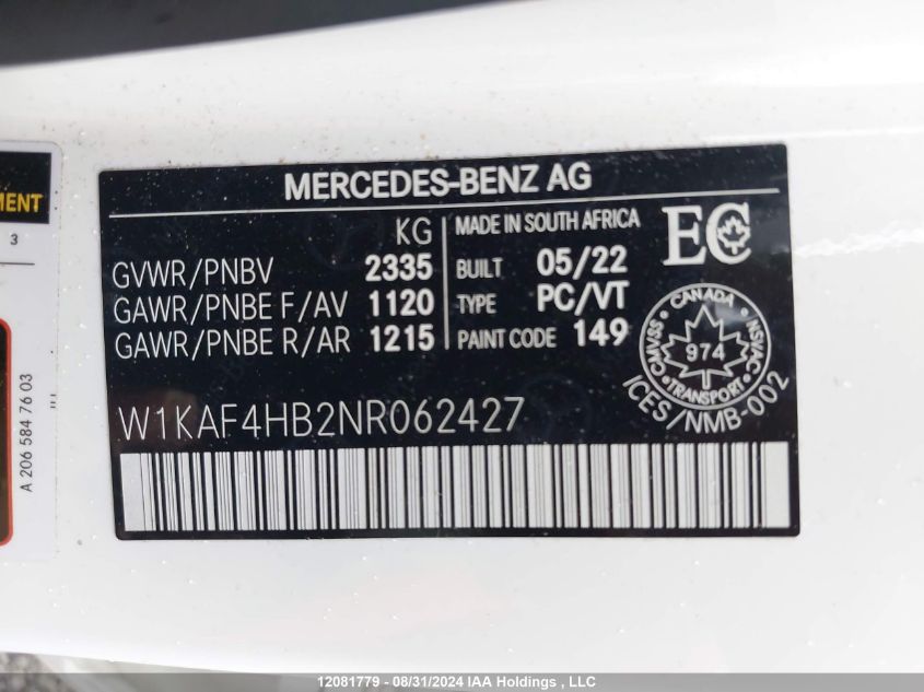 2022 Mercedes-Benz C-Class VIN: W1KAF4HB2NR062427 Lot: 12081779