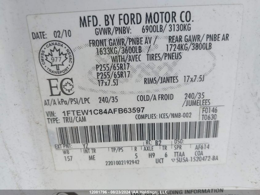 2010 Ford F-150 VIN: 1FTEW1C84AFB63597 Lot: 12081796