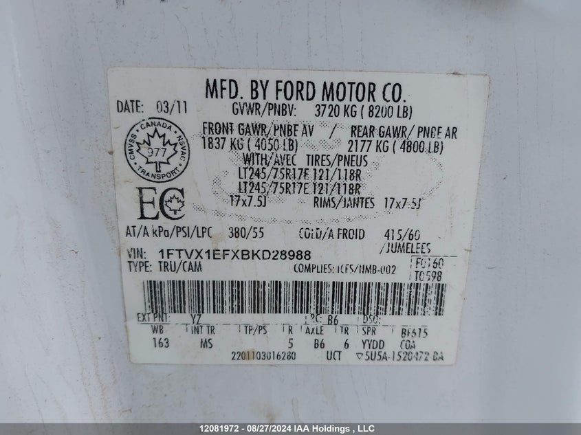 2011 Ford F150 Super Cab VIN: 1FTVX1EFXBKD28988 Lot: 12081972