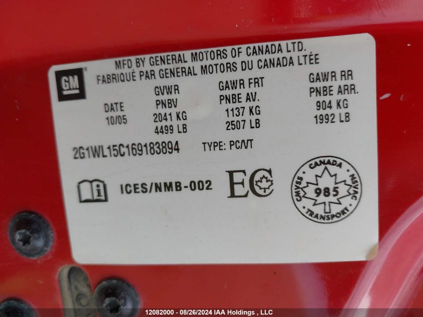 2006 Chevrolet Monte Carlo VIN: 2G1WL15C169183894 Lot: 12082000