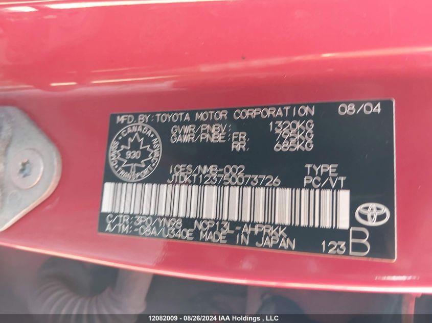 2005 Toyota Echo VIN: JTDKT123750073726 Lot: 12082009