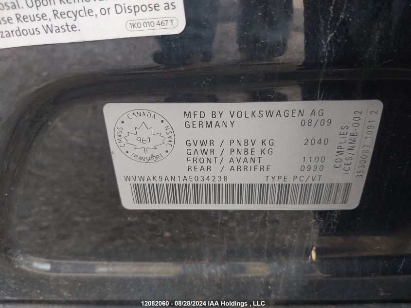2010 Volkswagen Passat 2.0T VIN: WVWAK9AN1AE034238 Lot: 12082060