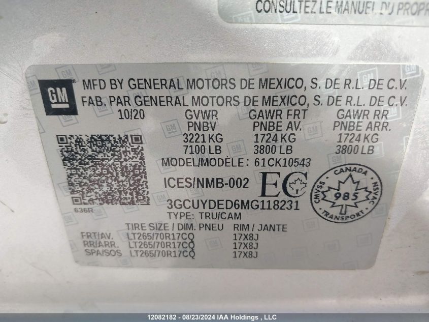 2021 Chevrolet Silverado K1500 Lt VIN: 3GCUYDED6MG118231 Lot: 12082182